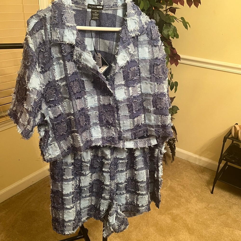 Fashion Nova Women’s Blue Check Frayed Shirt & Shorts Set
